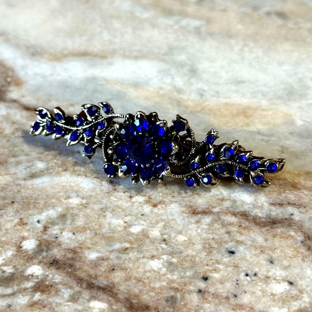 Sapphire Blue Floral Crystal Rhinestone Medium Barrette/Hair Clip in Gold Tone - Picture 2 of 5